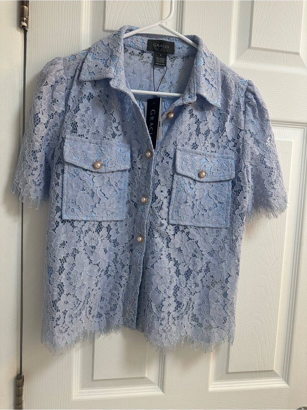 Gracia Light Blue Lace Pearl-Button Blouse